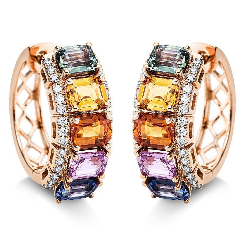 Creolen 18 kt RG, 60 Brill. 0,43 ct, TW-si, 10 Saphire 5,65 ct multicolor