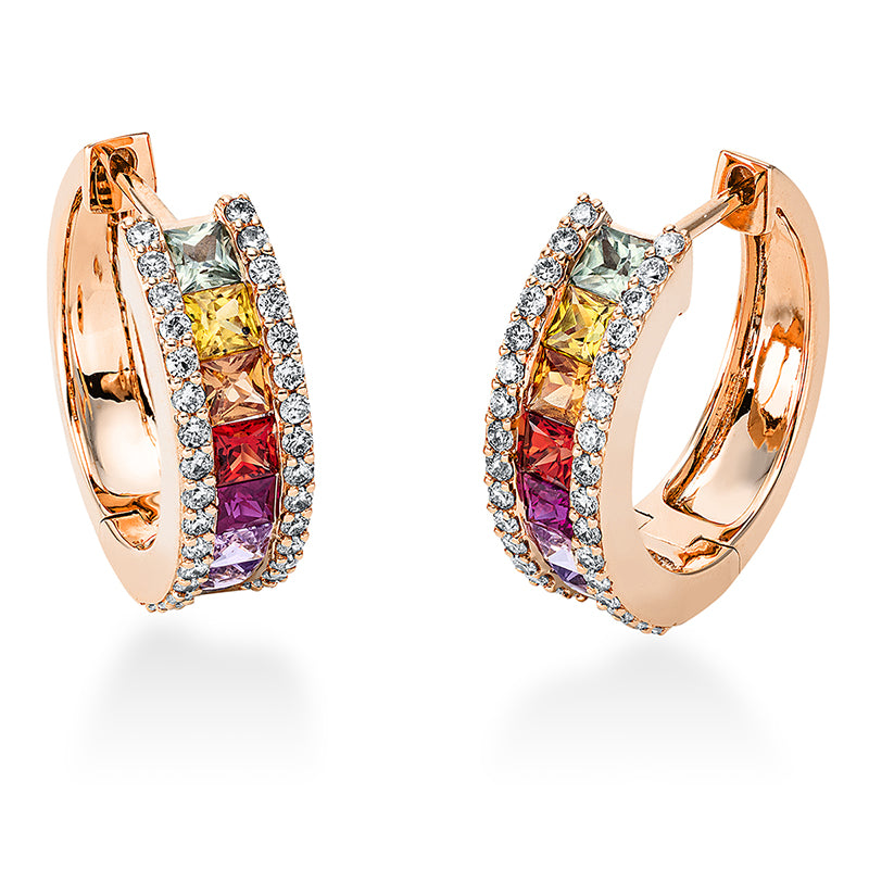 Creolen 18 kt RG. 64 Brillanten 0.39 ct. TW-si. 2 Rubine 0.20 ct rot. 14 Saphire 1.68 ct fancy