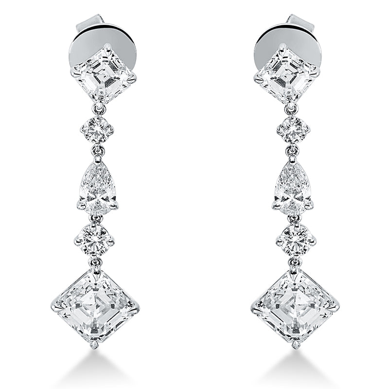 Ohrschmuck 18 kt WG, 4 GIA, 4 Assher 5,48  K/J-vsi, 2 Tropfen 0,61 ct, 2 Brill. 0,29 ct, 2 Brill. 0,17 ct