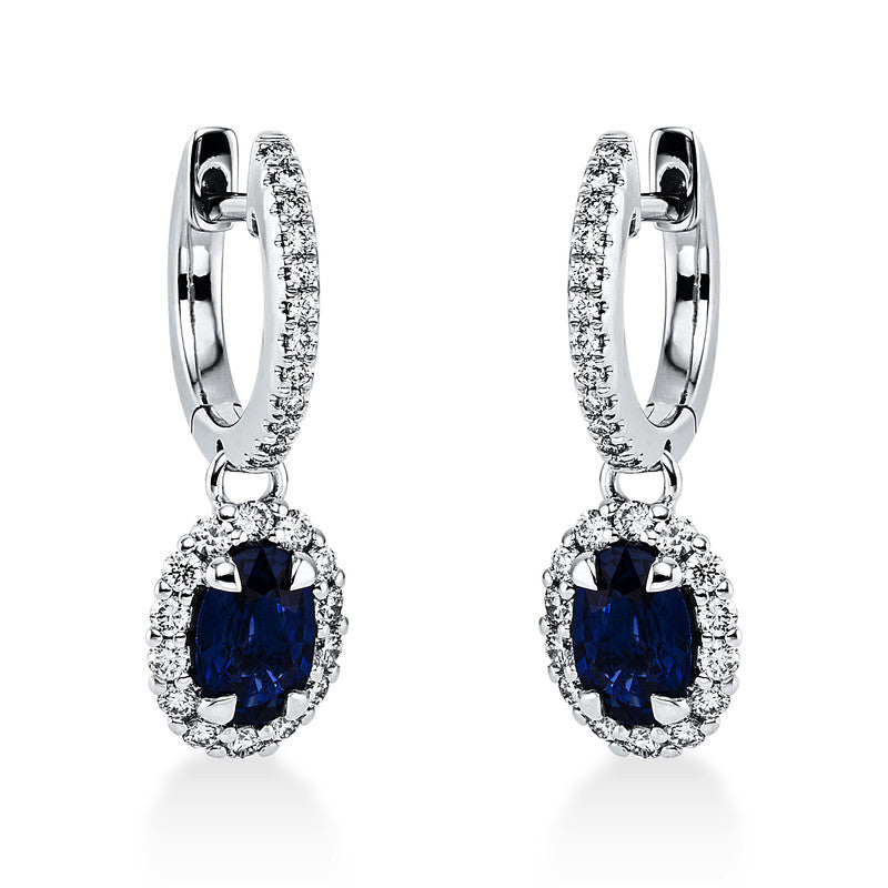 Creolen 18 kt WG, 52 Brill. 0,34 ct, TW-si, 2 Saphire 1,16 ct blau