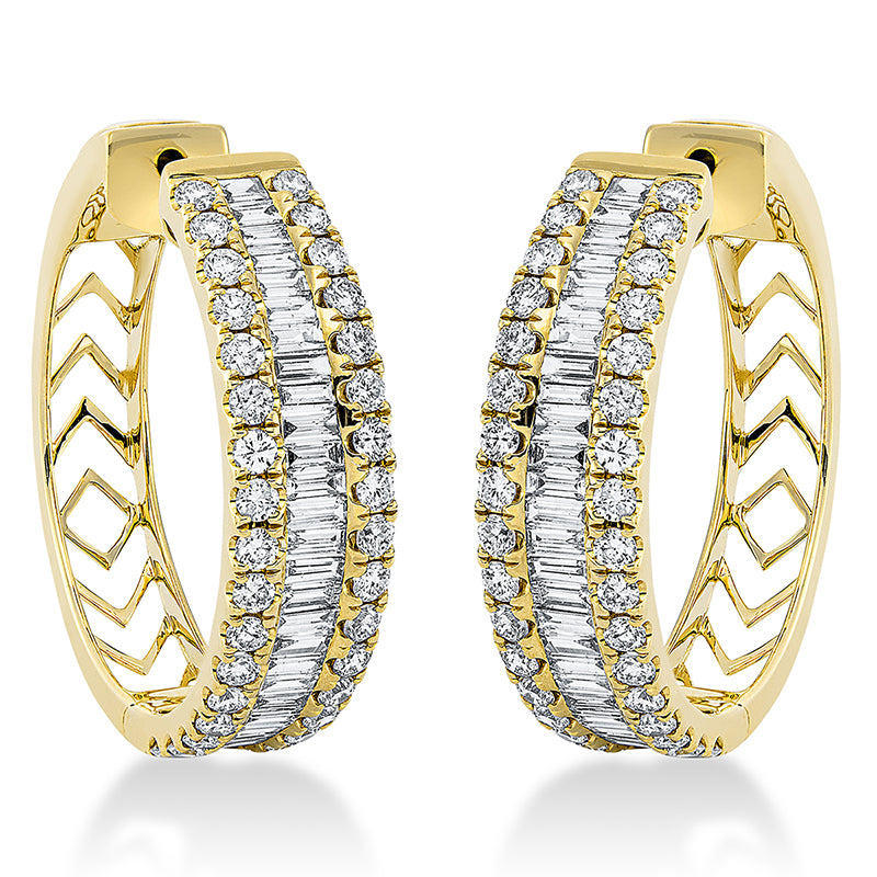 Creolen 18 kt GG, 54 Bag. 1,39 ct, TW-si, 68 Brill. 1,77 ct, TW-si