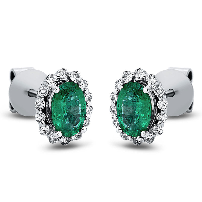 Ohrstecker 18 kt WG, 28 Brill. 0,19 ct, TW-si, 2 Smaragde 0,76 ct grün