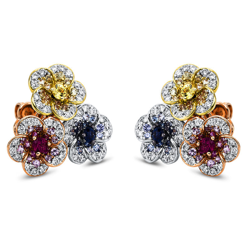 Ohrstecker 18 kt WG+GG+RG, Fassung teils schwarz rhodinie, 90 Brill. 0,52 ct, TW-vsi, 2 Saphire 0,13 ct blau, 60 Saphire 0,46 ct multicolor