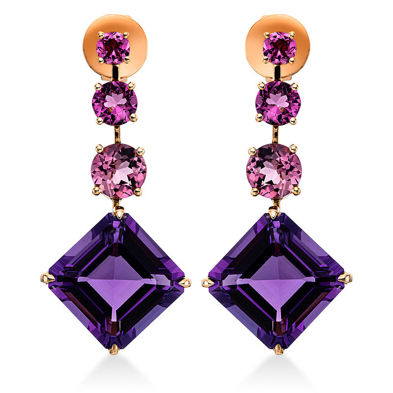 Ohrschmuck 18 kt RG, 6 Turmalin 2,00 ct pink, 2 Amethyste 8,70 ct lila