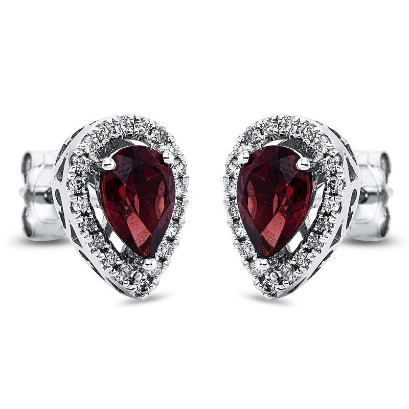 Ohrschmuck 18 kt WG, 40 Brill. 0,15 ct, I-si, 2 Granat 1,05 ct rot