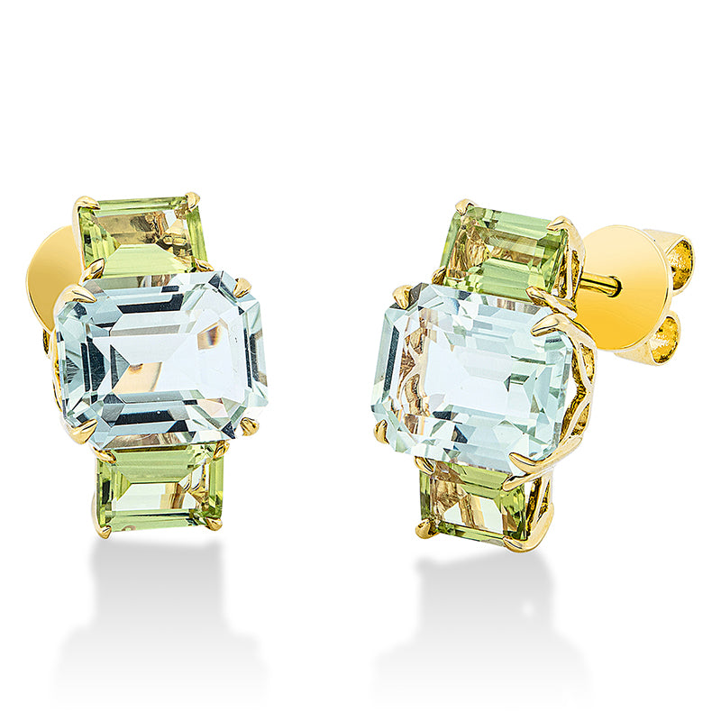 Ohrschmuck 18 kt GG, 4 Peridot 2,20 ct grün, 2 Amethyste 6,00 ct grün