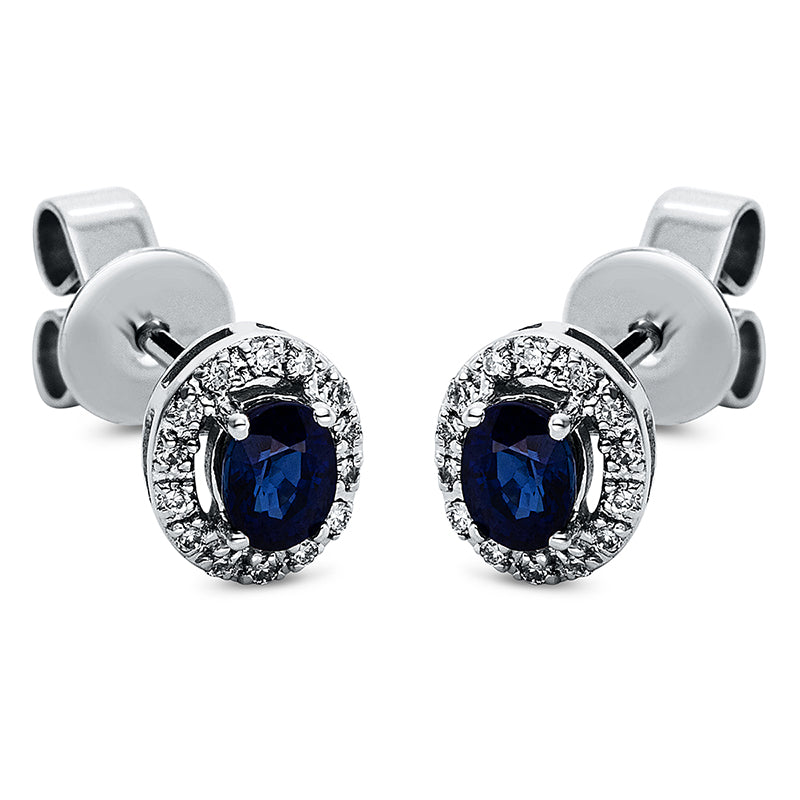 Ohrstecker 18 kt WG, 28 Brill. 0,08 ct, TW-si, 2 Saphire 0,41 ct blau