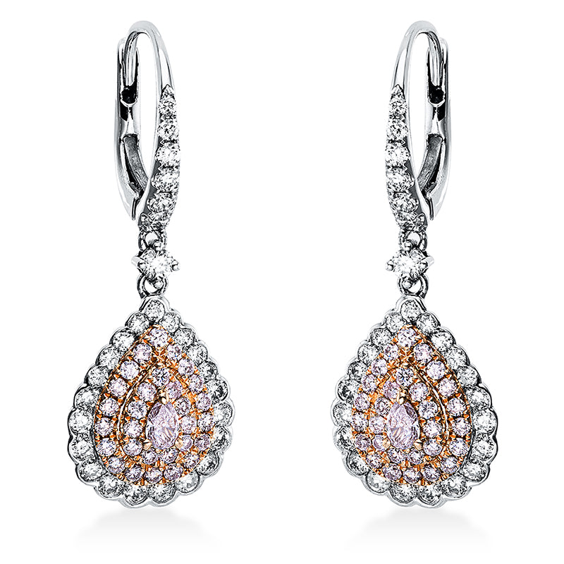 Ohrschmuck 3er-Krappe 18 kt WG+RG. 56 Brillanten 0.79 ct. TW-si. 2 Tropfen 0.20 ct. pink. 58 Brillanten 0.43 ct. pink