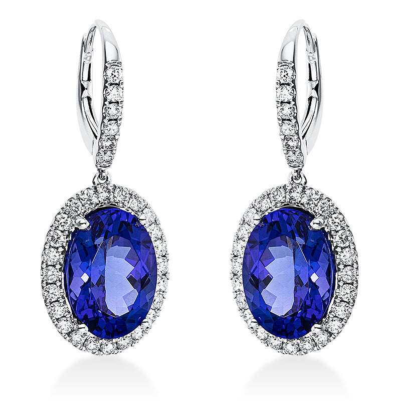 Ohrschmuck 4er-Krappe 18 kt WG. 60 Brillanten 0.96 ct. TW-si. 2 Tansanit 9.71 ct blau