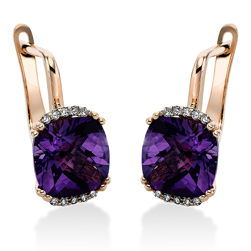 Ohrschmuck 14 kt RG, 20 Brill. 0,09 ct, TW-vsi, 2 Amethyste 3,99 ct lila