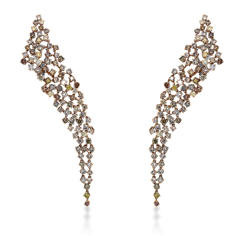 Ohrschmuck 18 kt RG. Fassung teils schwarz rhodinie. 172 Brillanten 12.82 ct. braun