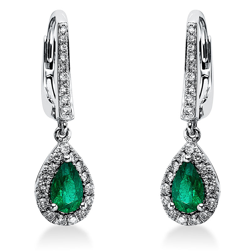 Ohrschmuck 18 kt WG, IGL 2pcs, 46 Brill. 0,37 ct, TW-si, 2 Smaragde 0,83 ct grün