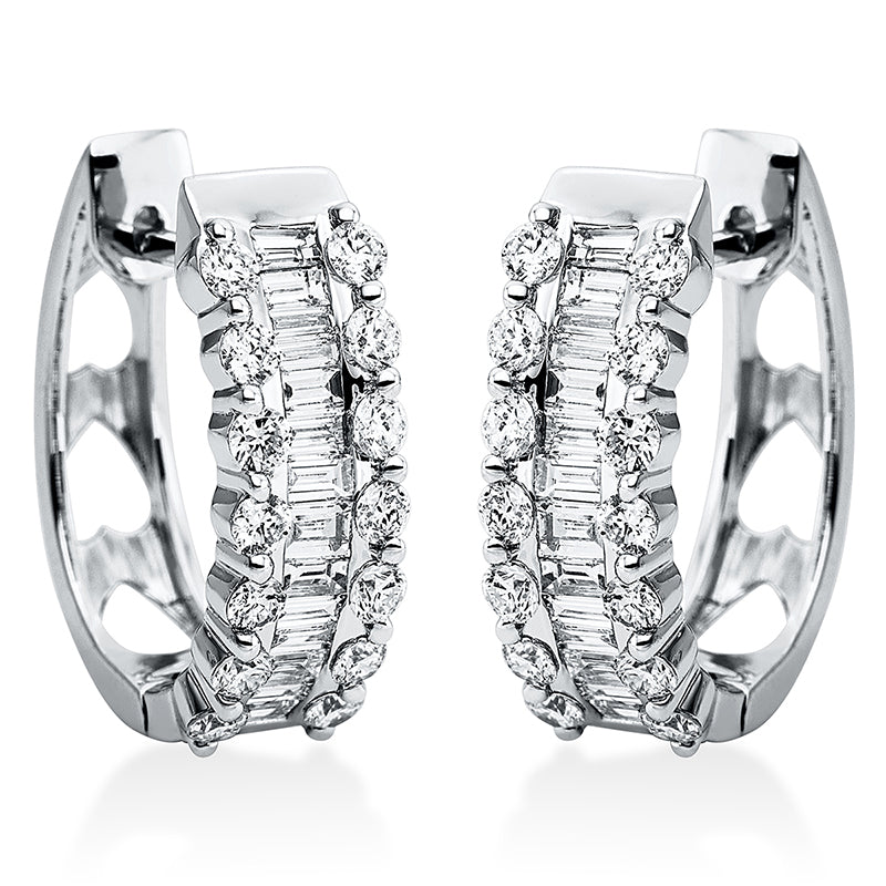 Creolen 18 kt WG, 29 Bag. 0,65 ct, TW-si, 28 Brill. 0,73 ct, TW-si