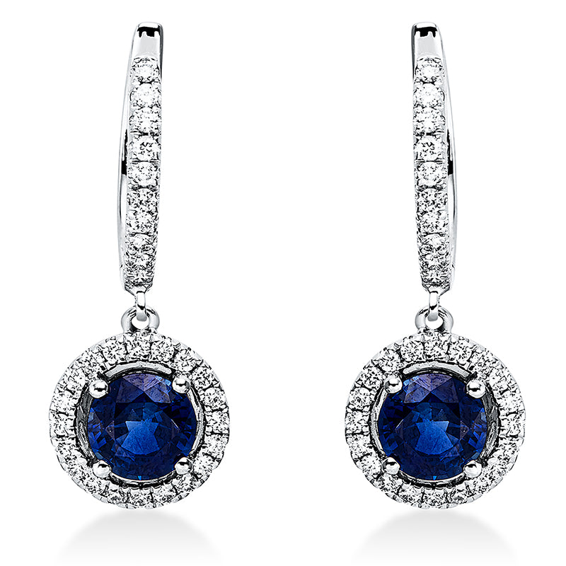 Ohrschmuck 18 kt WG, 60 Brill. 0,44 ct, TW-vsi, 2 Saphire 1,92 ct blau