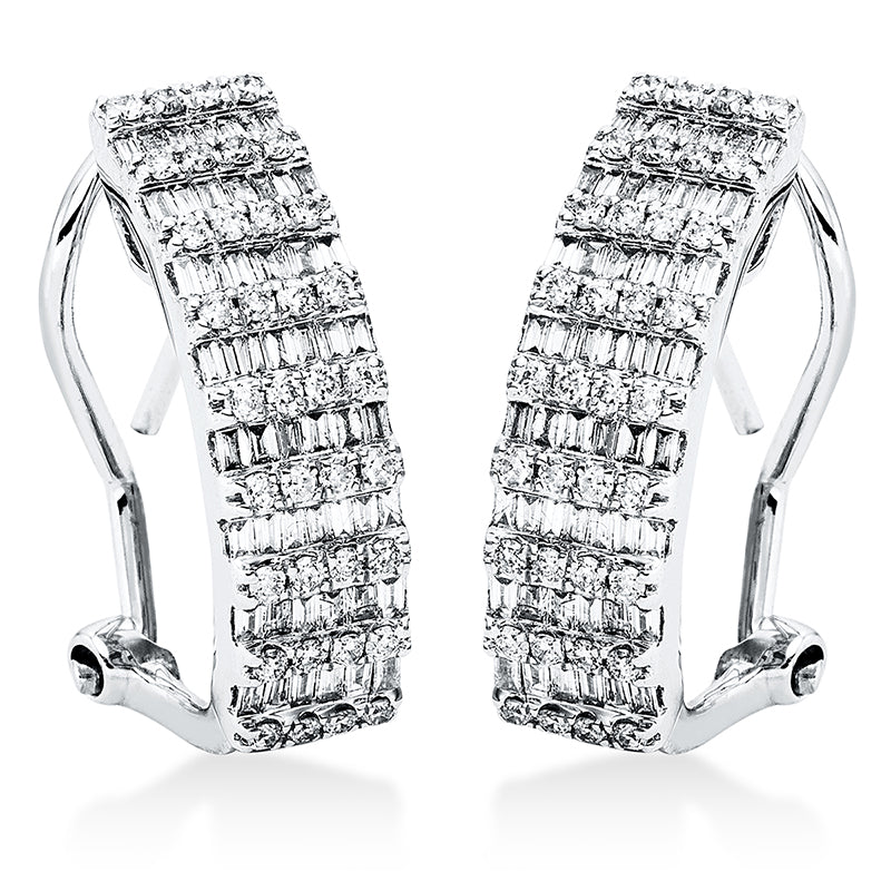Creolen 18 kt WG, 107 Bag. 0,37 ct, TW-si, 72 Brill. 0,32 ct, TW-si