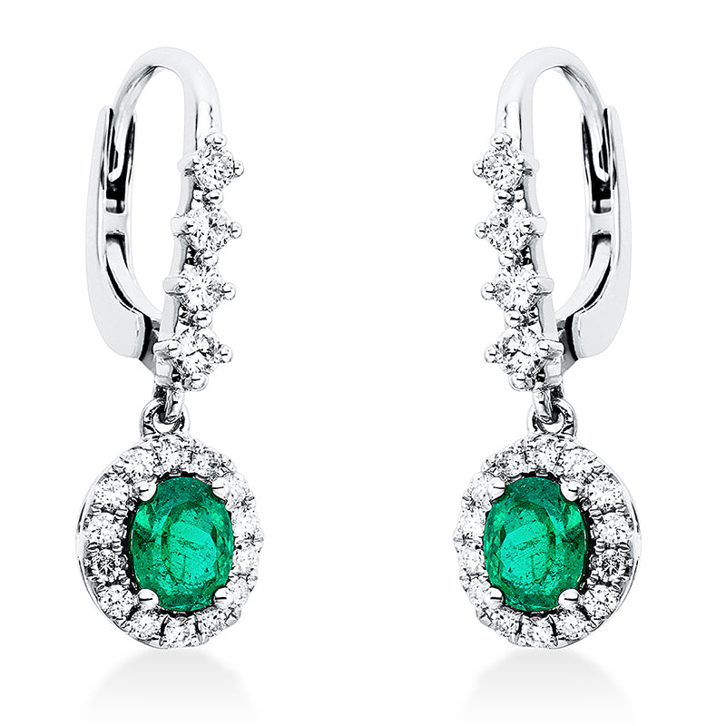 Ohrschmuck 18 kt WG, 36 Brill. 0,48 ct, TW-si, 2 Smaragde 0,83 ct grün