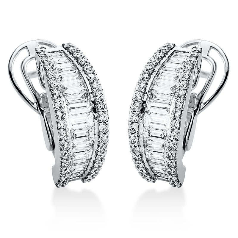 Creolen 18 kt WG, 28 Bag. 0,99 ct, TW-vsi, 72 Brill. 0,54 ct, TW-vsi