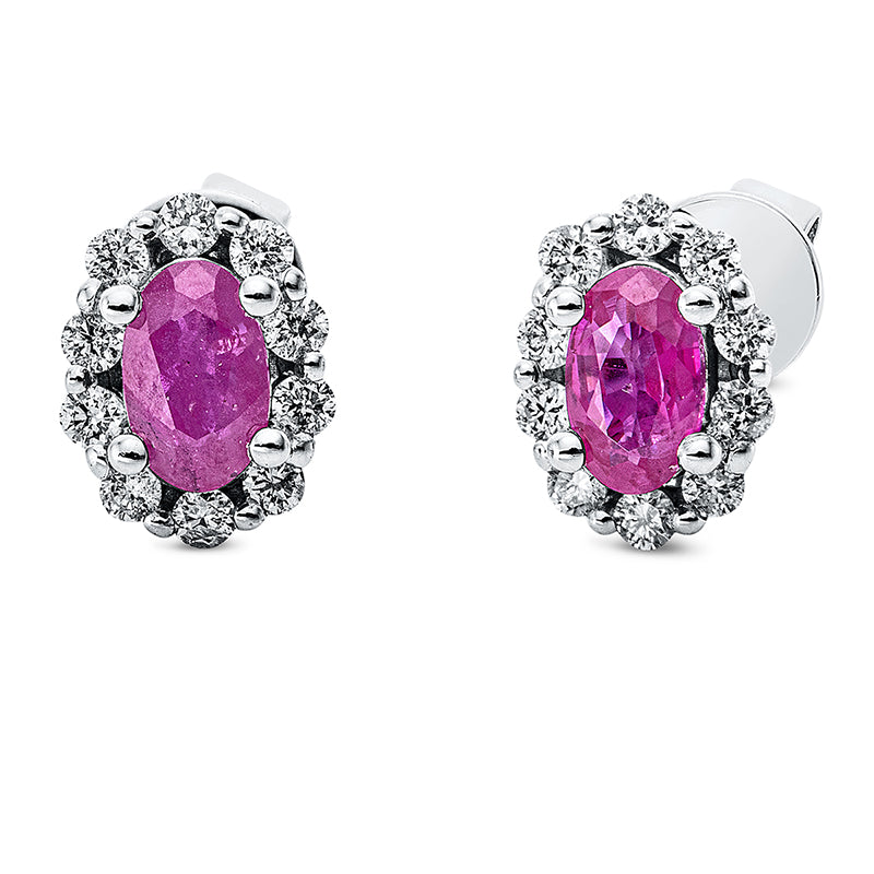 Ohrstecker 18 kt WG, 20 Brill. 0,21 ct, TW-si, 2 Rubine 0,63 ct rot