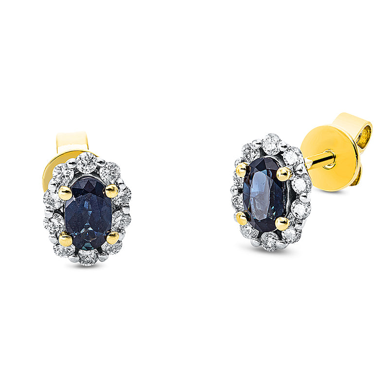 Ohrstecker 18 kt GG, 20 Brill. 0,21 ct, TW-si, 1 Saphir 0,53 ct blau