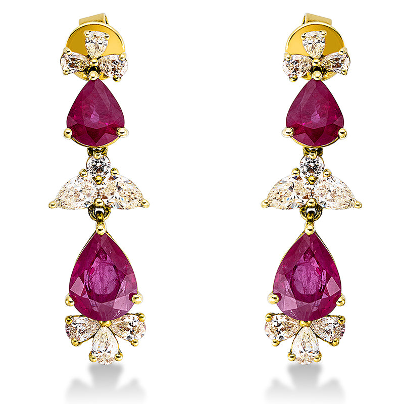 Ohrschmuck 18 kt GG. 2 Brillanten 0.07 ct. gelb. 16 Tropfen 1.34 ct. gelb. 4 Rubine 3.57 ct rot