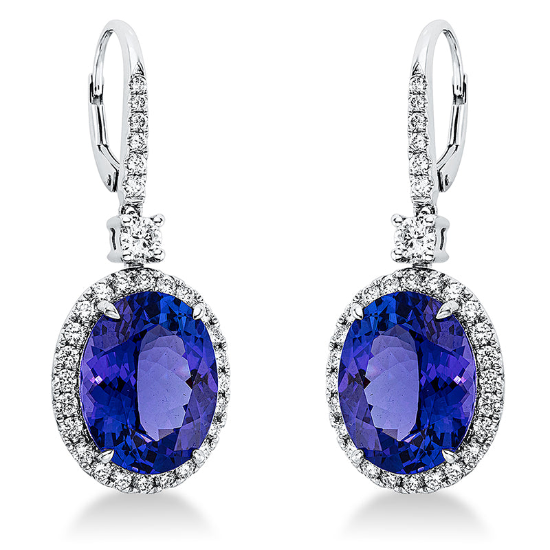 Ohrschmuck 4er-Krappe 18 kt WG. 2 Brillanten 0.30 ct. TW-si. 60 Brillanten 1.02 ct. TW-si. 2 Tansanit 15.91 ct blau. H:37.3 mm. B:14.5 mm. S:9.6 mm
