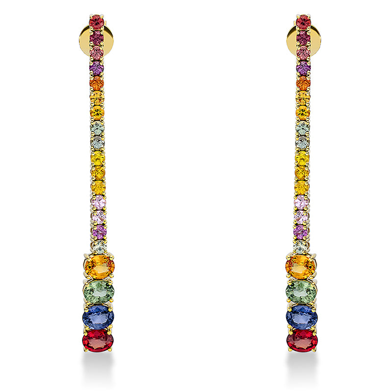 Ohrschmuck 18 kt GG, 8 Saphire 3,41 ct multicolor, 32 Saphire 1,93 ct multicolor