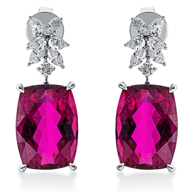 Ohrschmuck 18 kt WG, 6 Tropfen 0,61 ct, TW-si, 6 Nav. 0,63 ct, TW-si, 2 Brill. 0,19 ct, TW-si, 2 Rubellit 28,60 ct rot