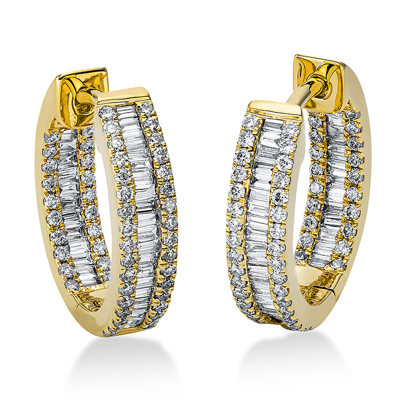 Creolen 18 kt GG, 71 Bag. 0,47 ct, TW-si, 108 Brill. 0,34 ct, TW-si