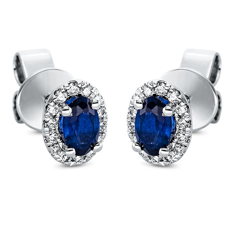 Ohrstecker 18 kt WG, 28 Brill. 0,14 ct, TW-si, 2 Saphire 0,61 ct blau