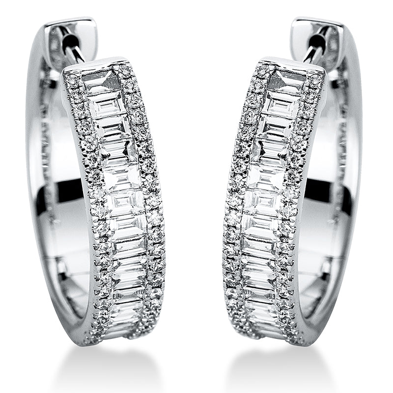 Creolen 18 kt WG, 34 Bag. 0,74 ct, TW-si, 92 Brill. 0,29 ct, TW-si