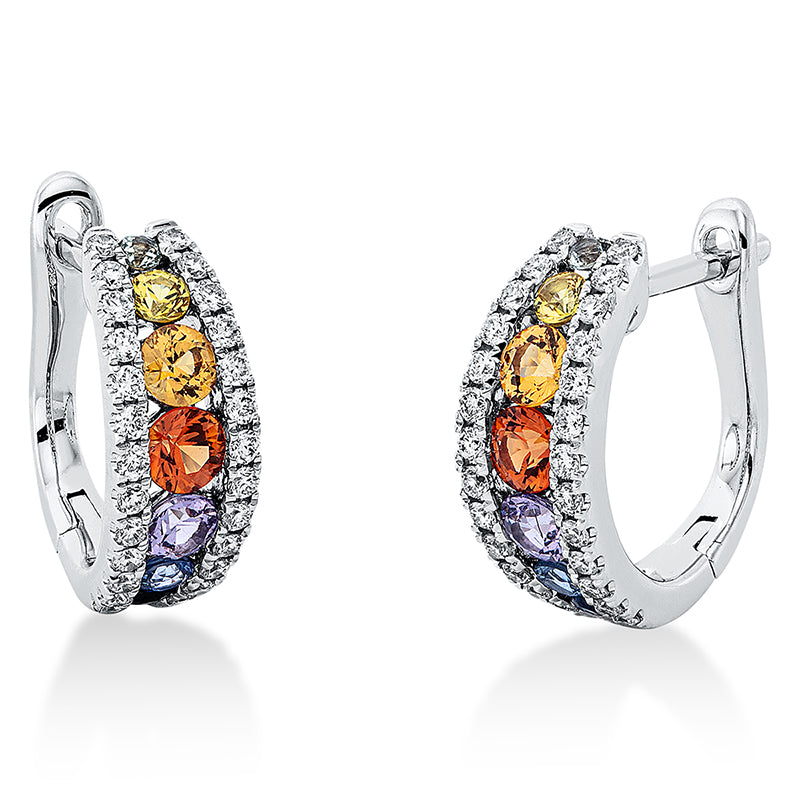 Creolen 18 kt WG. 52 Brillanten 0.34 ct. TW-si. 14 Saphire 0.89 ct multicolor. H:13.9 mm. B:13.0 mm. S:5.2 mm