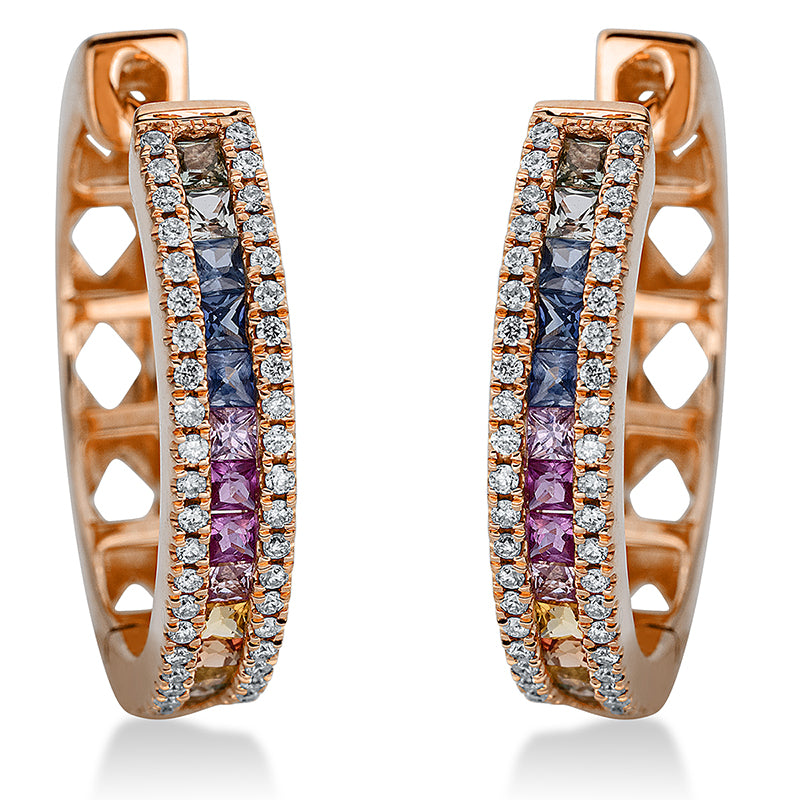Creolen 18 kt RG, 96 Brill. 0,25 ct, TW-si, 28 Saphire 0,81 ct fancy