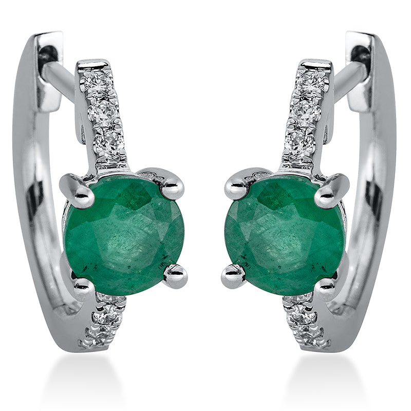 Creolen 18 kt WG, 14 Brill. 0,10 ct, TW-si, 2 Smaragde 0,93 ct grün