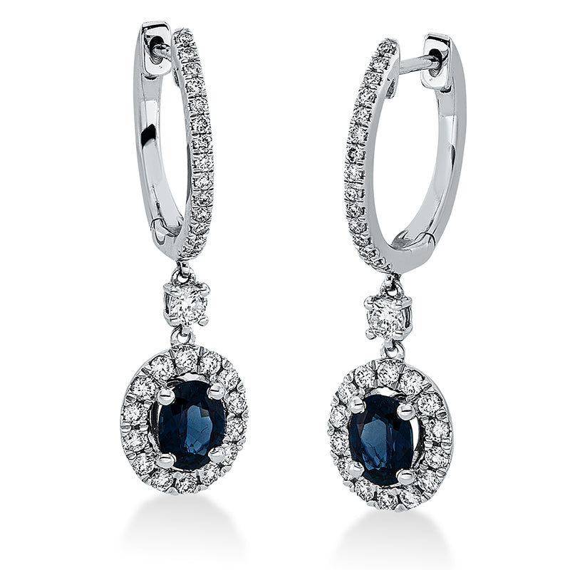 Ohrschmuck 18 kt WG, 2 Brill. 0,08 ct, TW-si, 58 Brill. 0,37 ct, TW-si, 2 Saphire 0,94 ct blau
