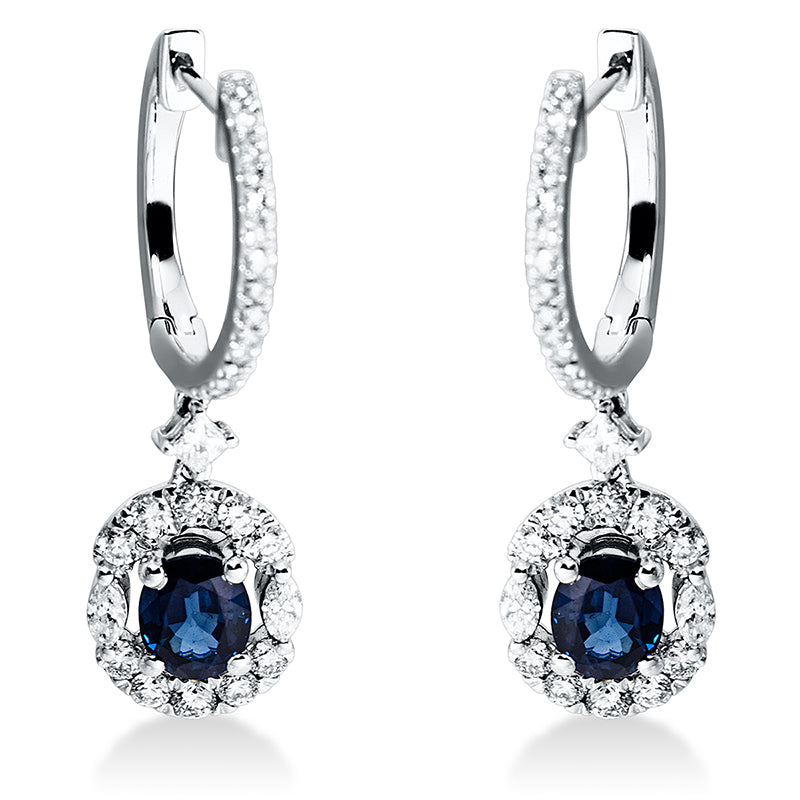 Ohrstecker 18 kt WG, 2 Princ. 0,06 ct, 4 Nav. 0,10 ct, 50 Brill. 0,41 ct, TW-si, 2 Saphire 1,00 ct