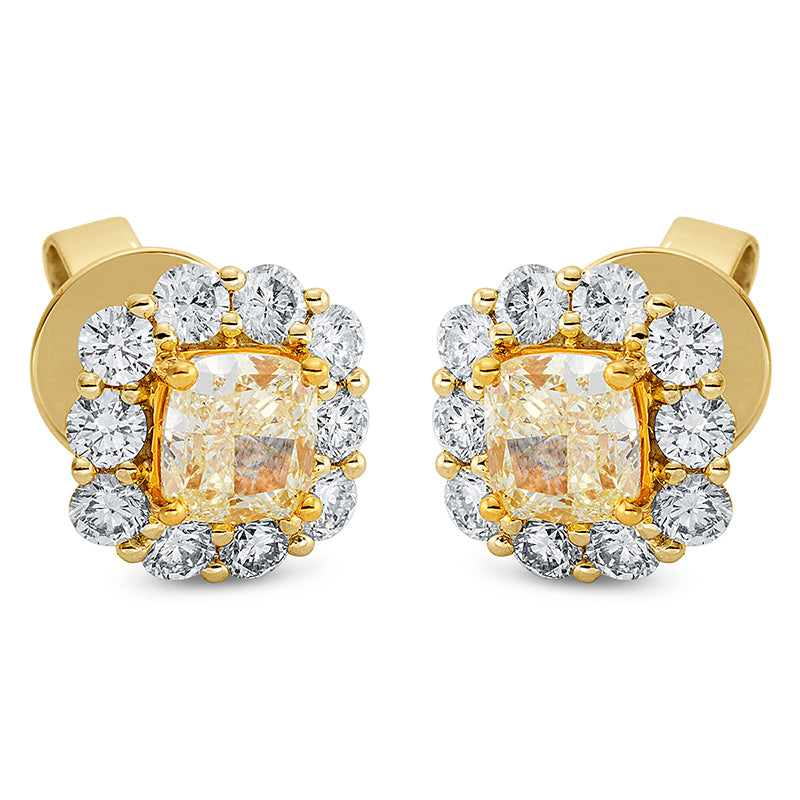 Ohrstecker 18 kt WG+GG. GIA 2384398622. 7388398204. 2 Cushion 2.01 ct. gelb-vs2. 20 Brillanten 1.30 ct. TW-si. H:10.3 mm. B:10.3 mm. S:6.3 mm