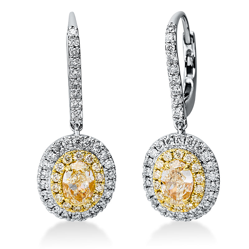 Ohrschmuck 4er-Krappe 18 kt WG+GG. 62 Brillanten 0.42 ct. TW-si. 2 Oval 0.92 ct. gelb. 28 Brillanten 0.17 ct. gelb. H:24.7 mm. B:9.5 mm
