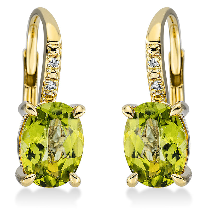 Ohrschmuck 14 kt GG, 4 Dia. 0,01 ct, TW-si, 2 Peridot 2,76 ct grün