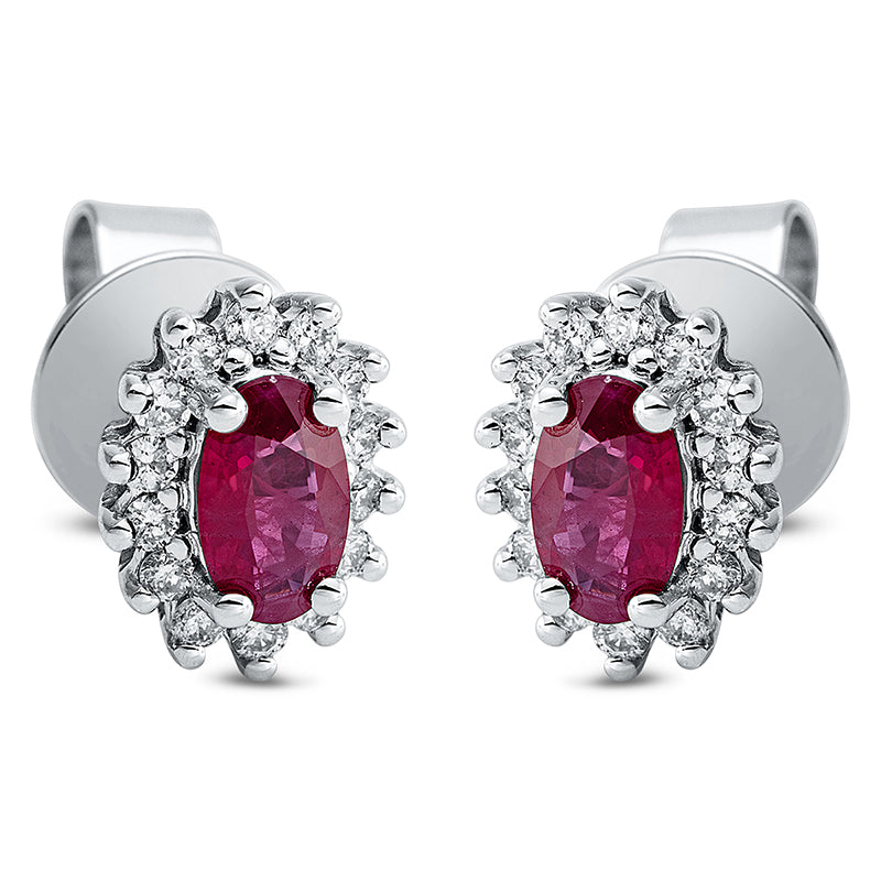 Ohrstecker 18 kt WG, 28 Brill. 0,17 ct, TW-si, 2 Rubine 0,49 ct rot