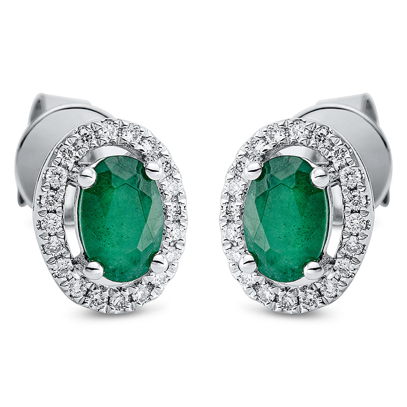 Ohrstecker 18 kt WG, 40 Brill. 0,15 ct, TW-si, 2 Smaragde 0,76 ct grün