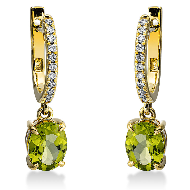 Ohrschmuck 4er-Krappe 18 kt GG. 22 Brillanten 0.17 ct. TW-si. 2 Peridot 2.59 ct grün. H:24.0 mm. B:5.9 mm. S:4.4 mm