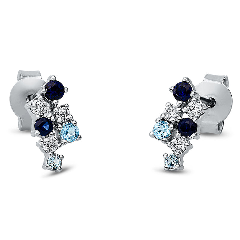 Ohrschmuck 18 kt WG, 2 Brill. 0,04 ct, TW-si, 2 Brill. 0,05 ct, TW-si, 2 Brill. 0,04 ct, TW-si, 4 Saphire 0,18 ct blau, 4 Topase 0,12 ct blau