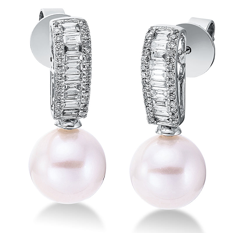 Ohrstecker 18 kt WG, 20 Trap. 0,33 ct, W-si, 56 Brill. 0,15 ct, W-si, 2 SW weiß 9 mm