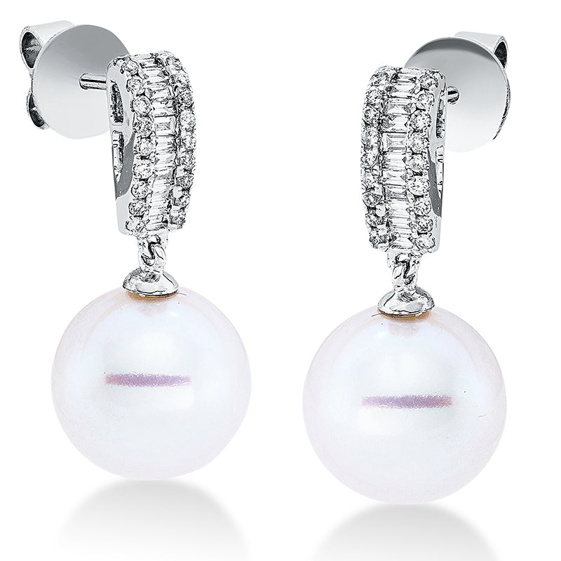 Ohrstecker 18 kt WG, 22 Trap. 0,22 ct, W-si, 40 Brill. 0,20 ct, W-si, 2 SW weiß 11 mm