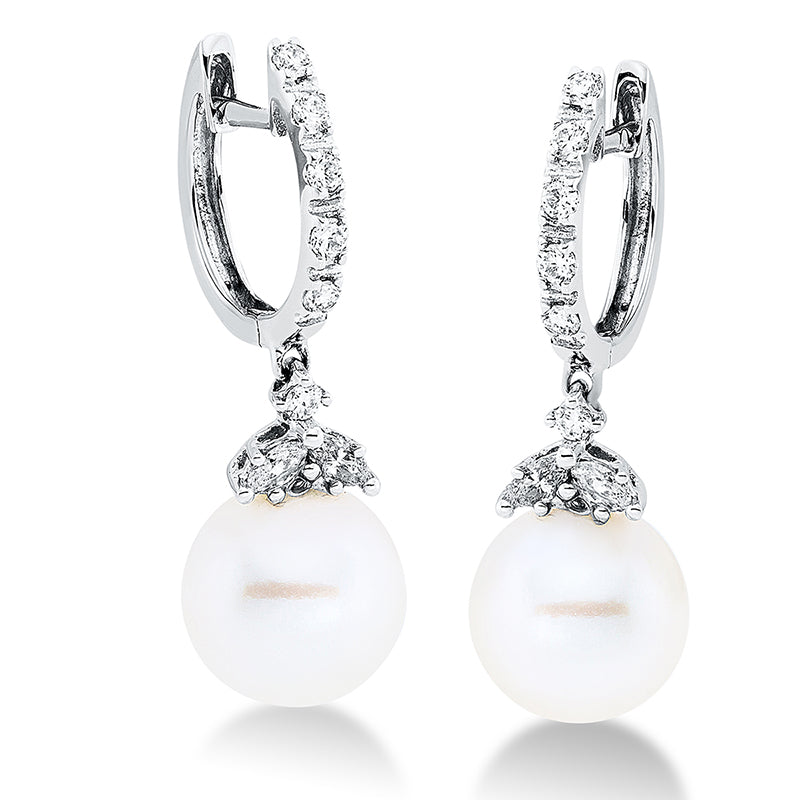 Creolen 18 kt WG, 4 Nav. 0,15 ct, W-si, 12 Brill. 0,19 ct, W-si, 2 SW weiß 9 mm