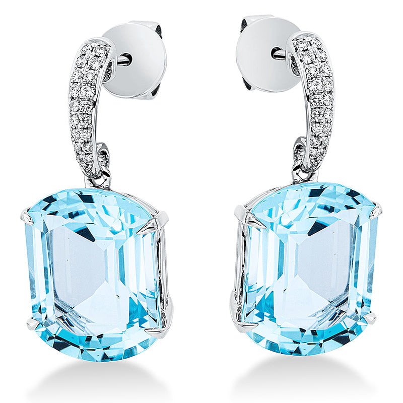 Ohrschmuck 18 kt WG, 38 Brill. 0,18 ct, TW-si, 2 Topase 19,60 ct sky blue