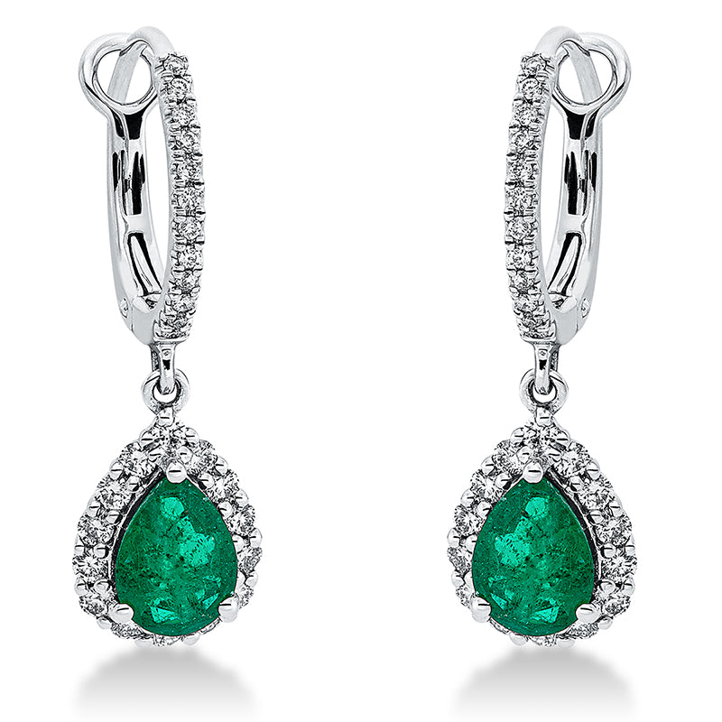 Ohrschmuck 18 kt WG, 28 Brill. 0,43 ct, TW-si, 24 Brill. 0,11 ct, TW-si, 2 Smaragde 1,15 ct grün