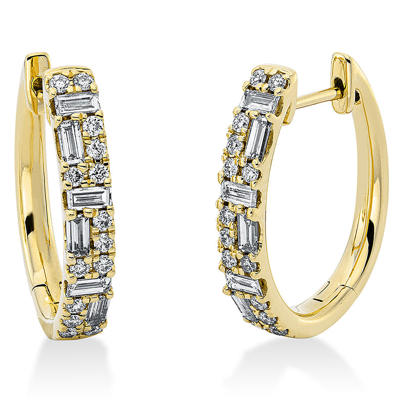 Creolen 18 kt GG, 12 Bag. 0,49 ct, TW-si, 28 Brill. 0,24 ct, TW-si