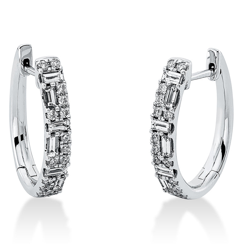 Creolen 18 kt WG, 12 Bag. 0,51 ct, TW-si, 28 Brill. 0,24 ct, TW-si