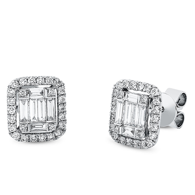 Ohrstecker 18 kt WG, 12 Bag. 0,48 ct, TW-si, 52 Brill. 0,45 ct, TW-si